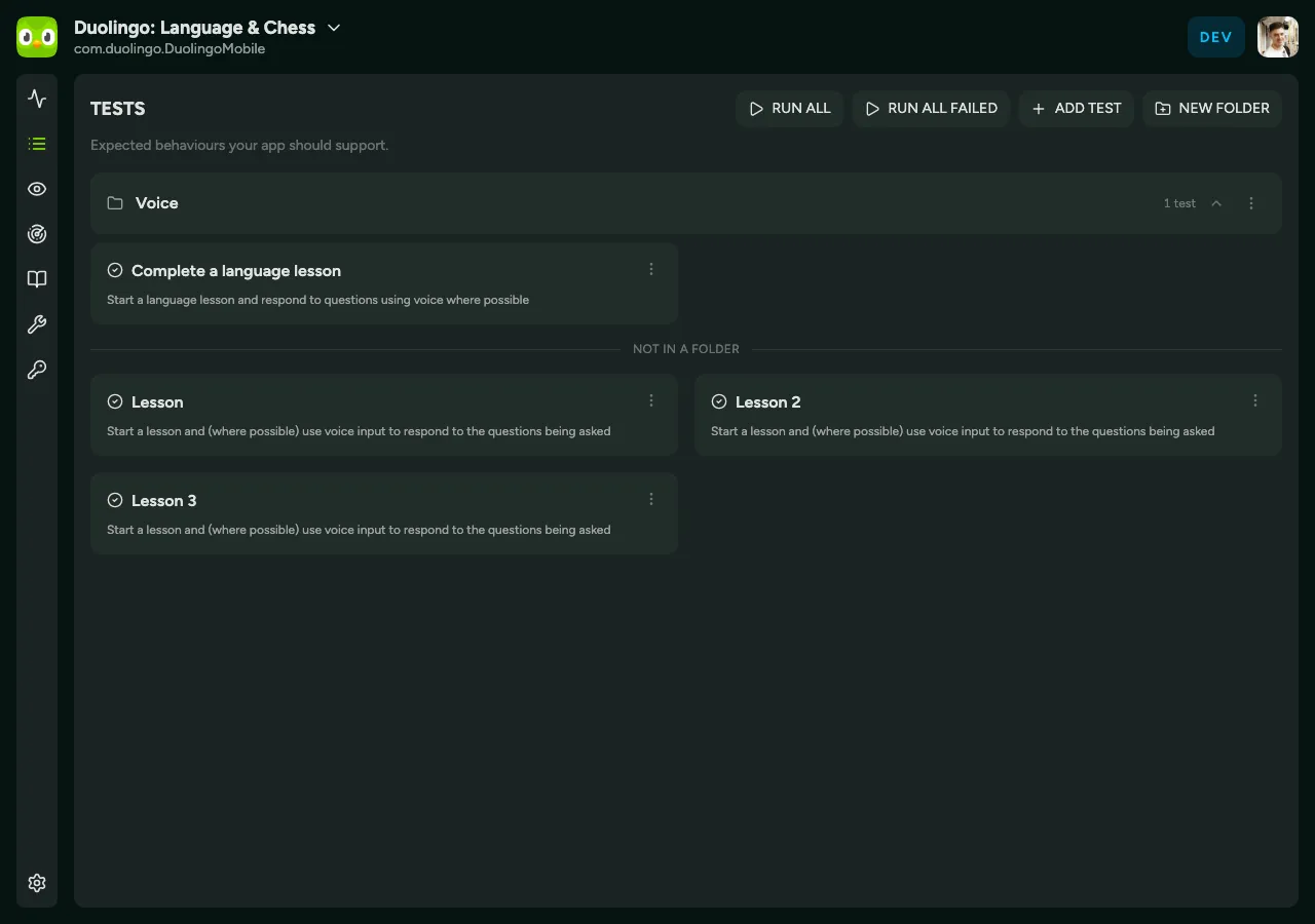 An app's tests, where you add and describe new tests