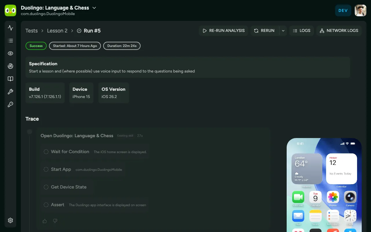A session replay of a completed test run